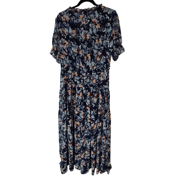 Floral Tiered Maxi Dress Navy Blue Brown Ruffle V-Neck Flutter Sleeve Size XL - Picture 8 of 10